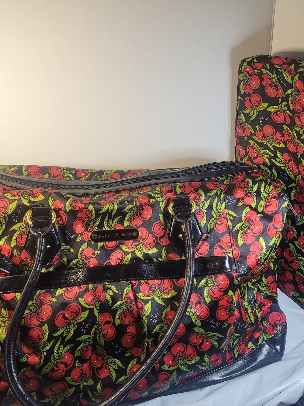 Betsey Johnson Punk Cherry Duffel Bag Overnight Carry & Matching Makeup Bag